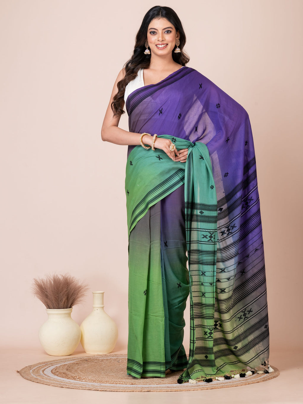 Blue to Green Shade Handloom Bhujodi Mercerized Cotton Saree
