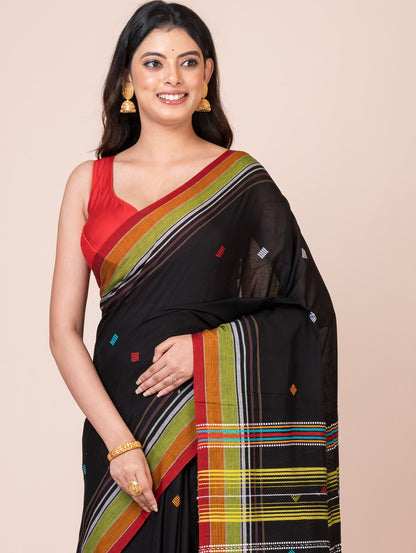 Bhujodi Kala Black Base Handloom Premium Cotton Saree