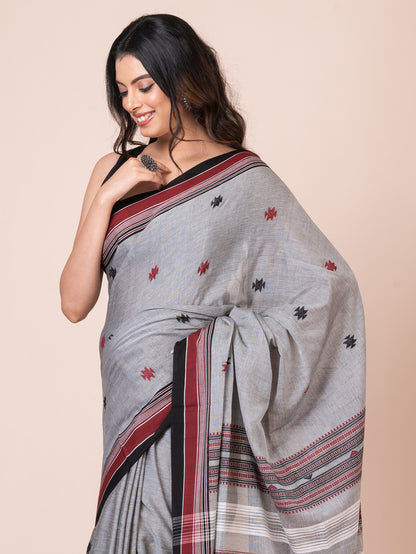 Bhujodi Kala Gray and White Handloom Premium Cotton Saree