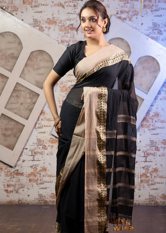 Black and Sandalwood Pure Mul Mul Saree