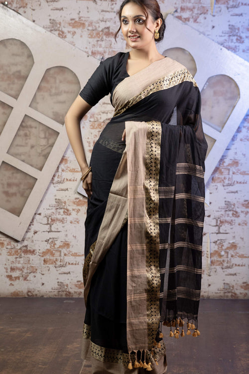 Black and Sandalwood Pure Mul Mul Saree