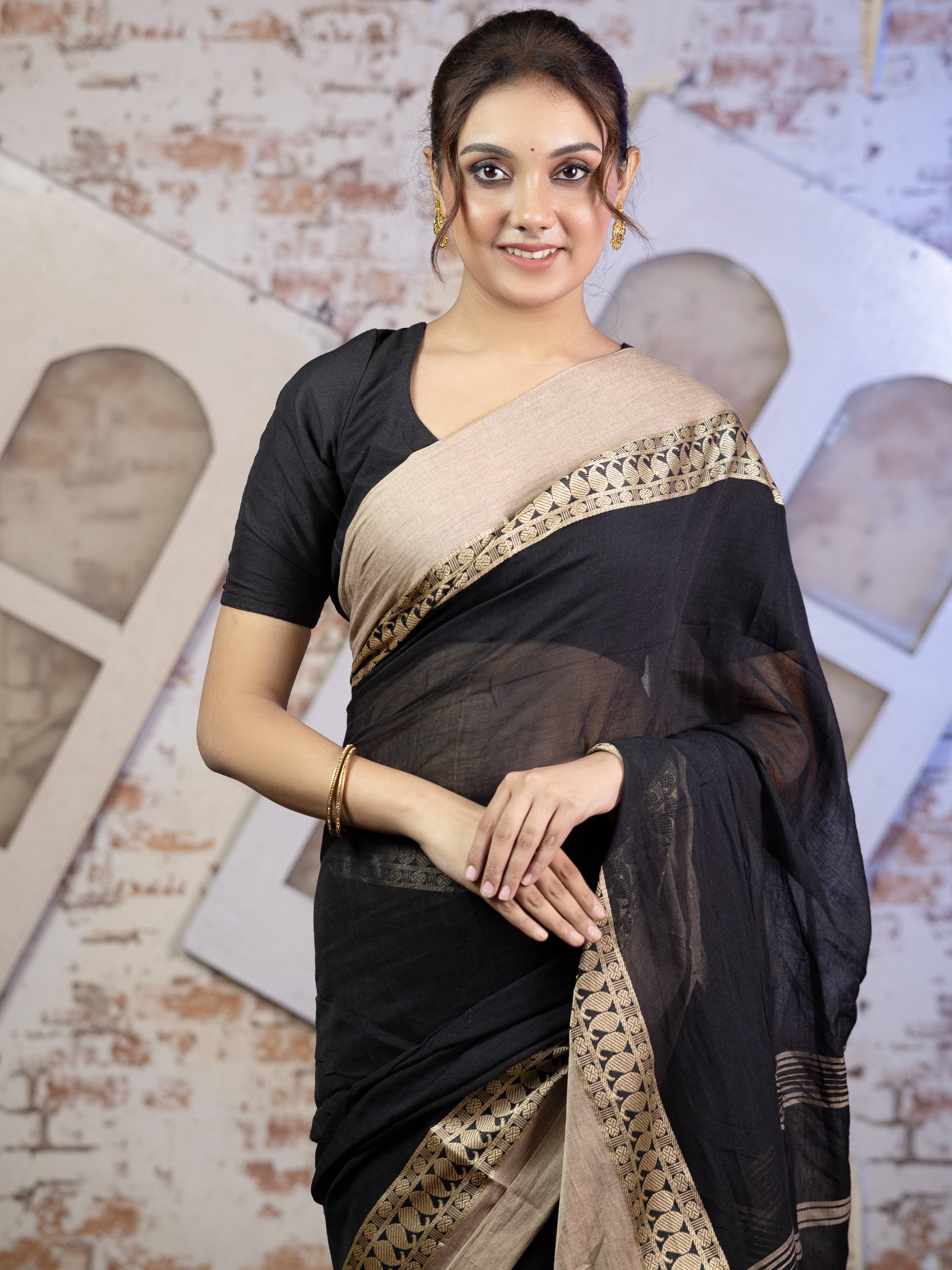 Black and Sandalwood Pure Mul Mul Saree