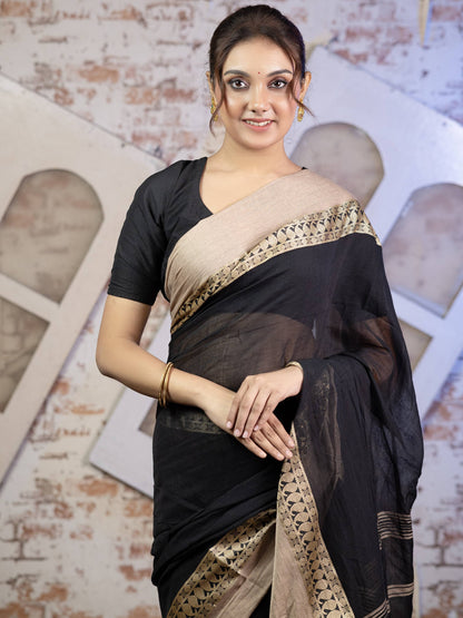 Black and Sandalwood Pure Mul Mul Saree