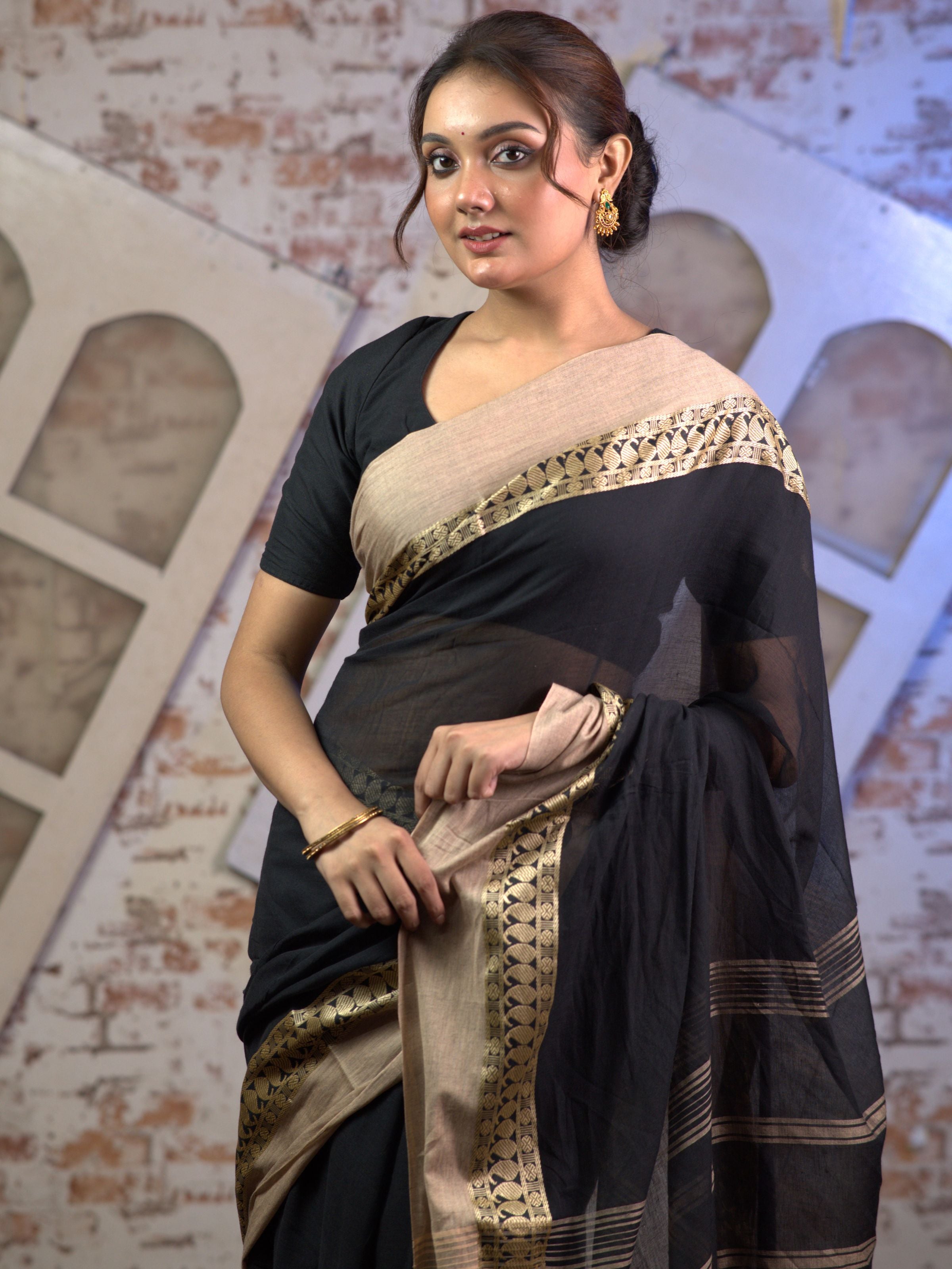 Black and Sandalwood Pure Mul Mul Saree