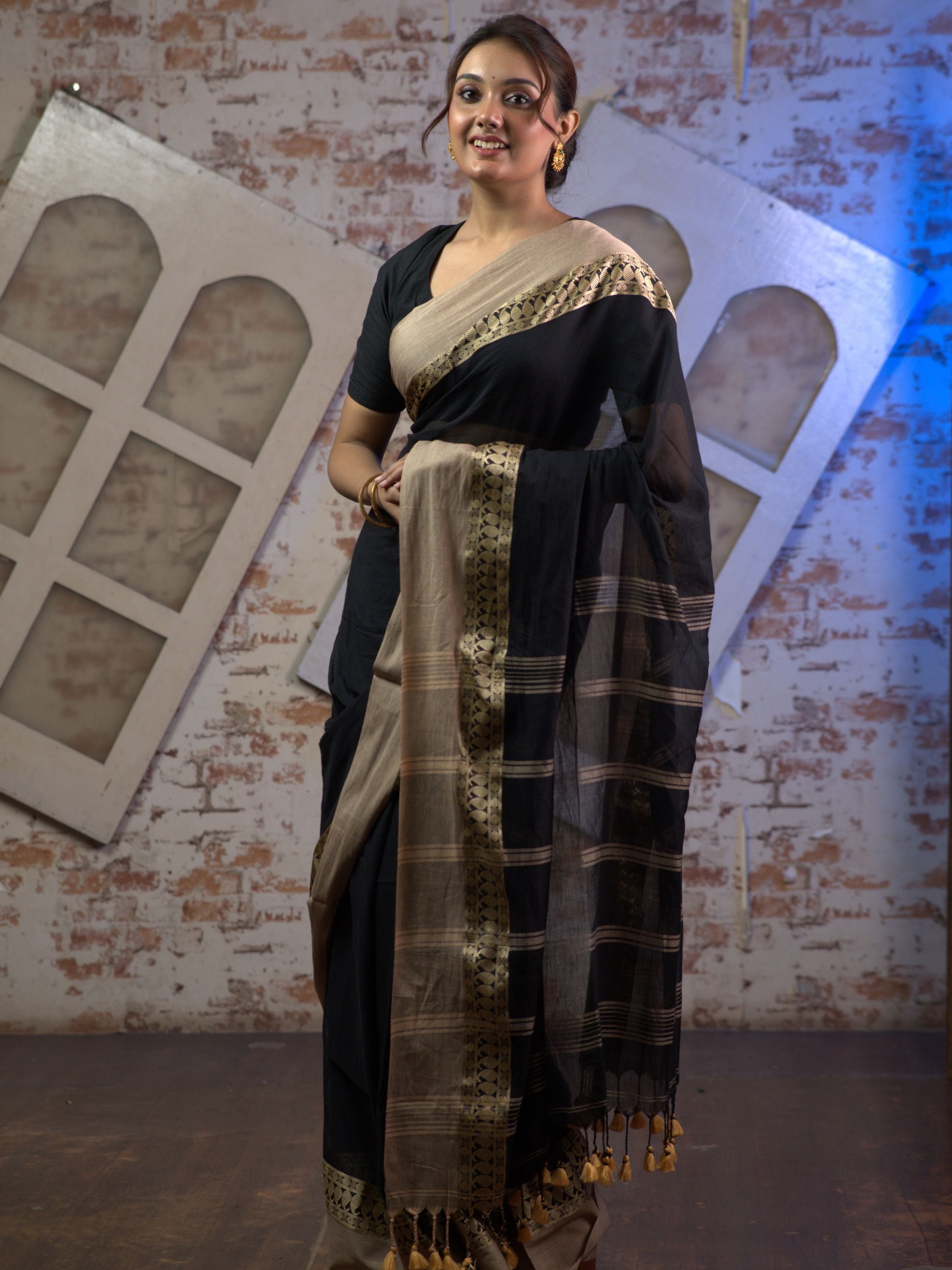Black and Sandalwood Pure Mul Mul Saree