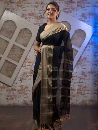 Black and Sandalwood Pure Mul Mul Saree