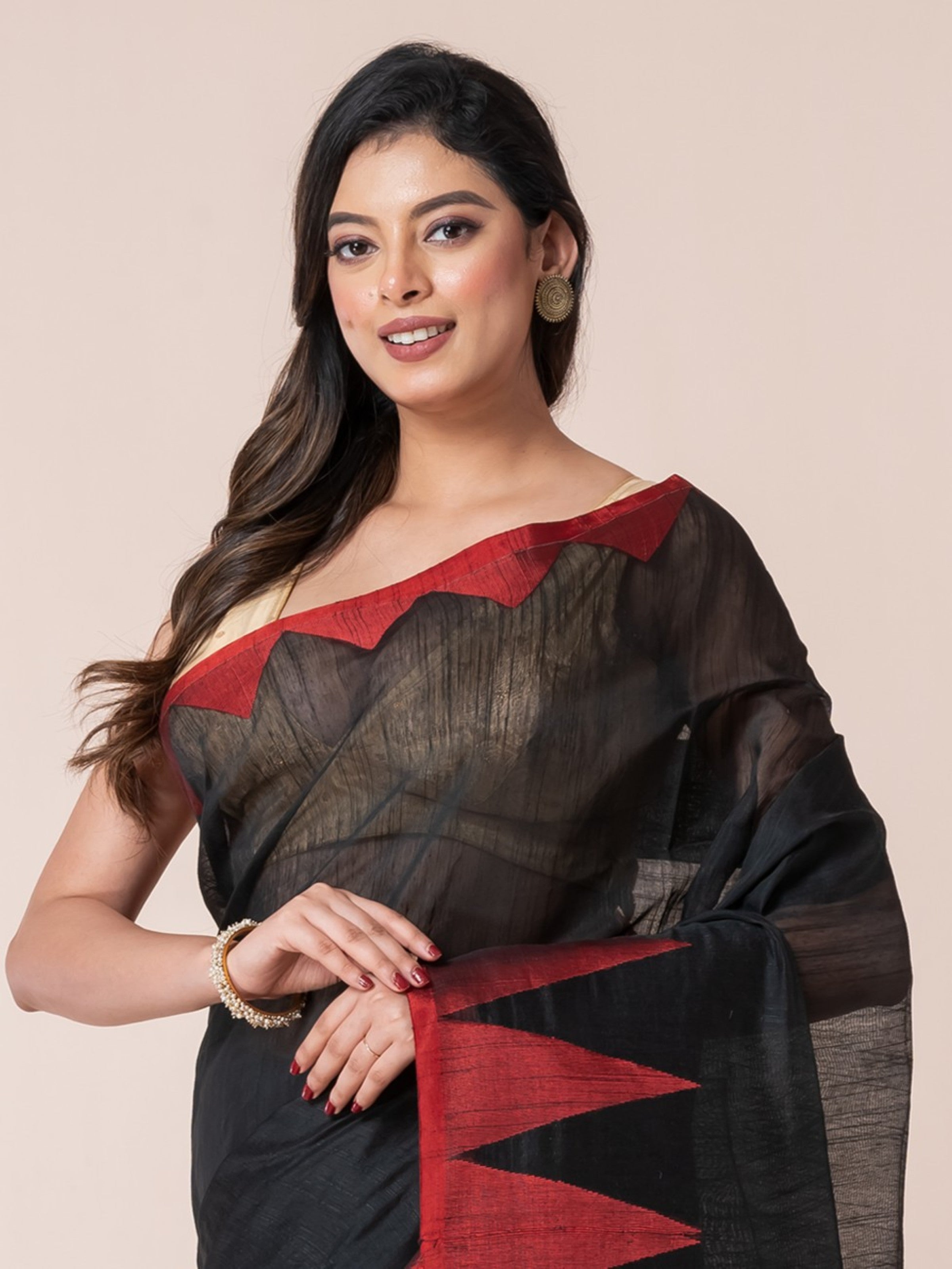 Black Body and Red Temple Border Cotton Saree