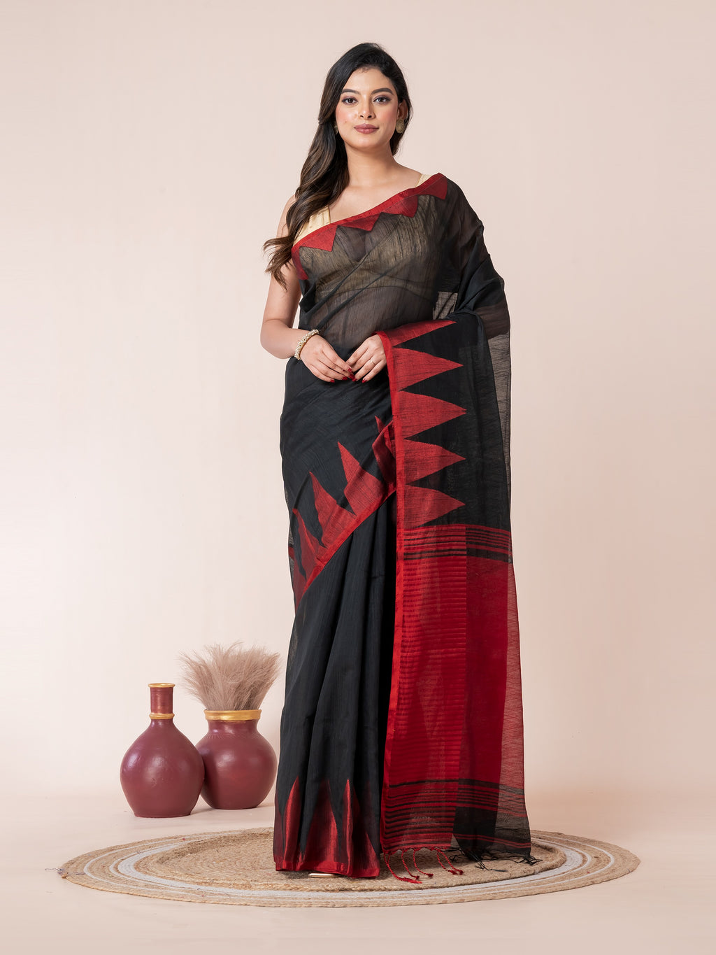 Black Body and Red Temple Border Cotton Saree