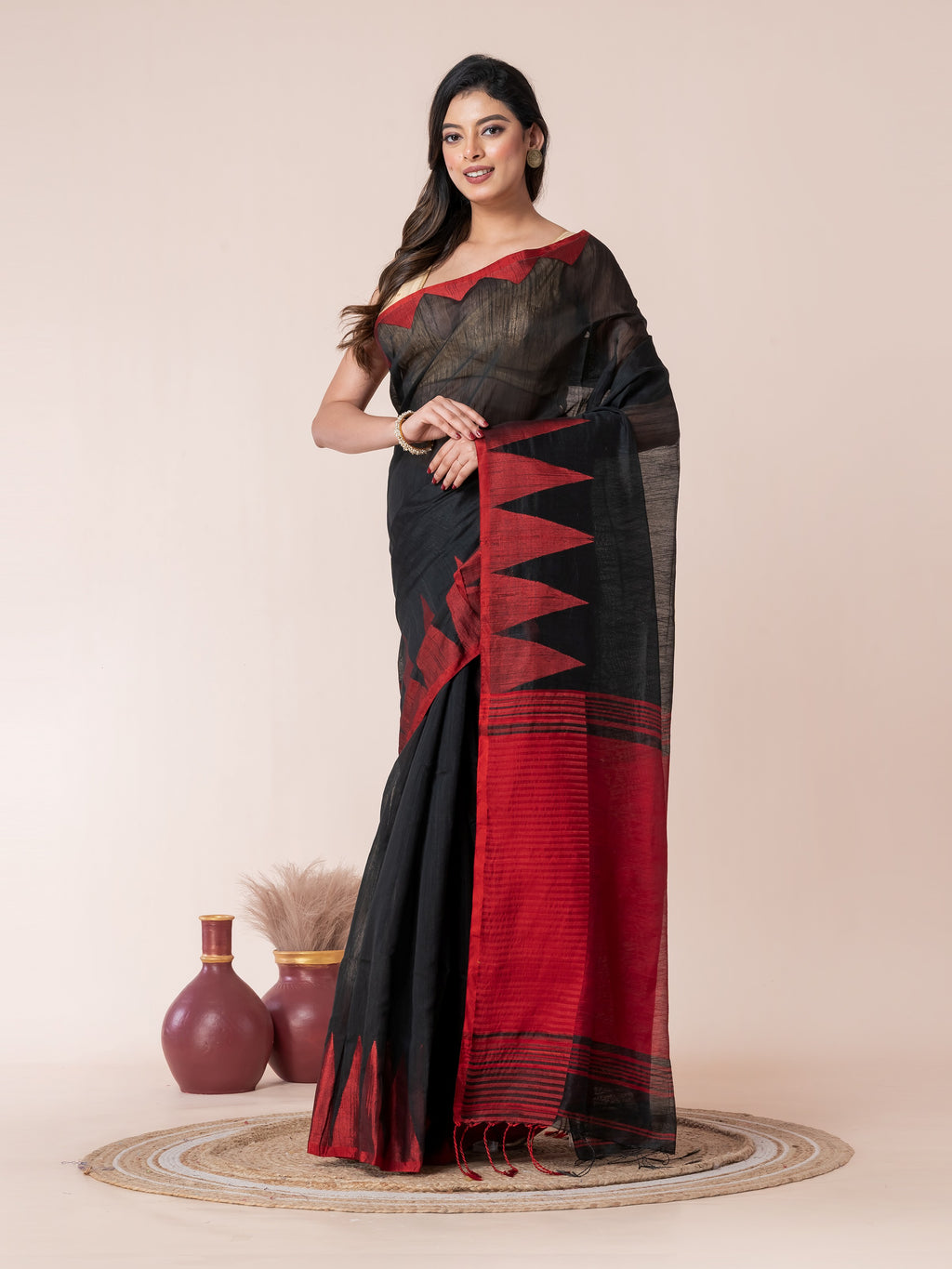Black Body and Red Temple Border Cotton Saree