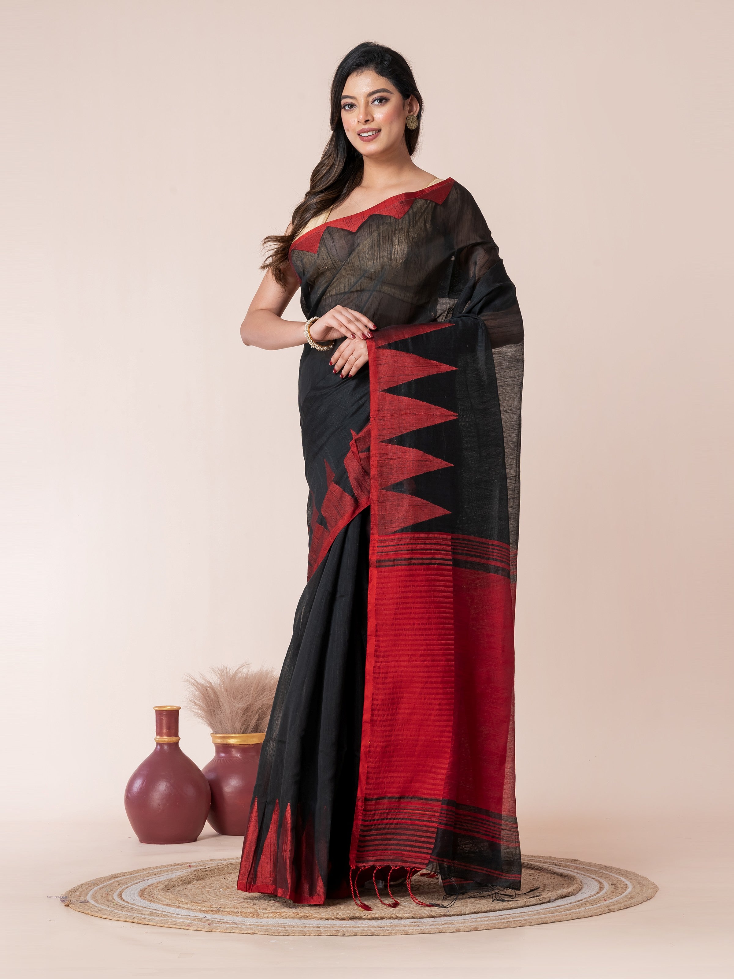Black Body and Red Temple Border Cotton Saree