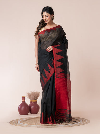 Black Body and Red Temple Border Cotton Saree