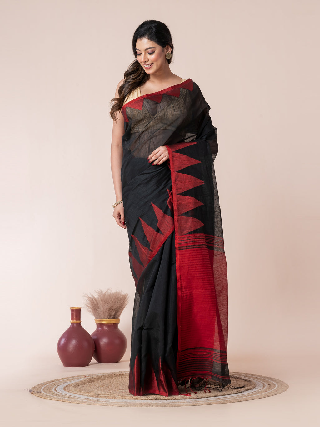 Black Body and Red Temple Border Cotton Saree