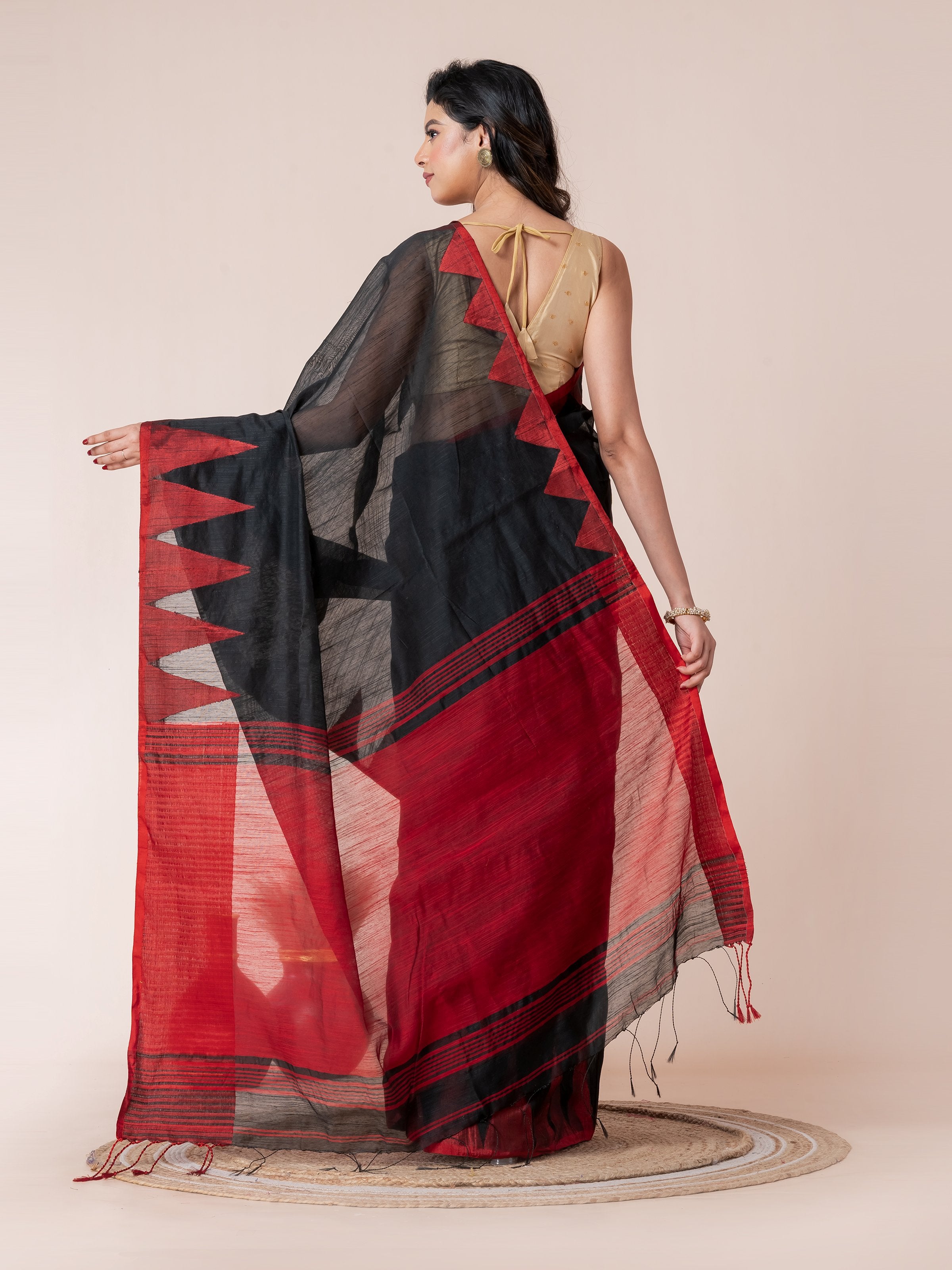 Black Body and Red Temple Border Cotton Saree