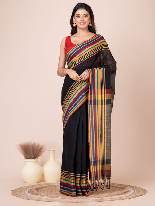 Black Handloom Cellular Cotton Saree
