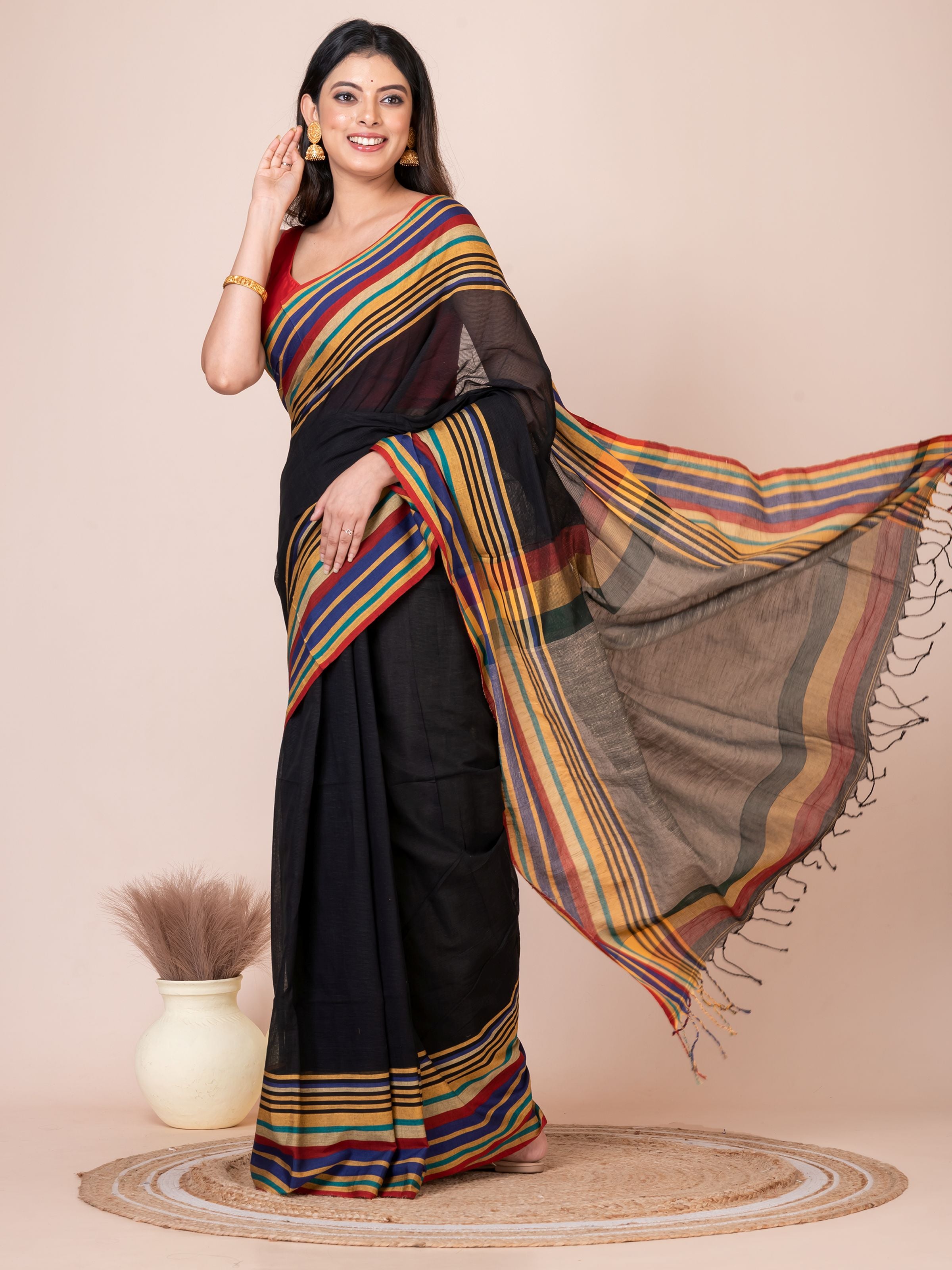 Black Handloom Cellular Cotton Saree