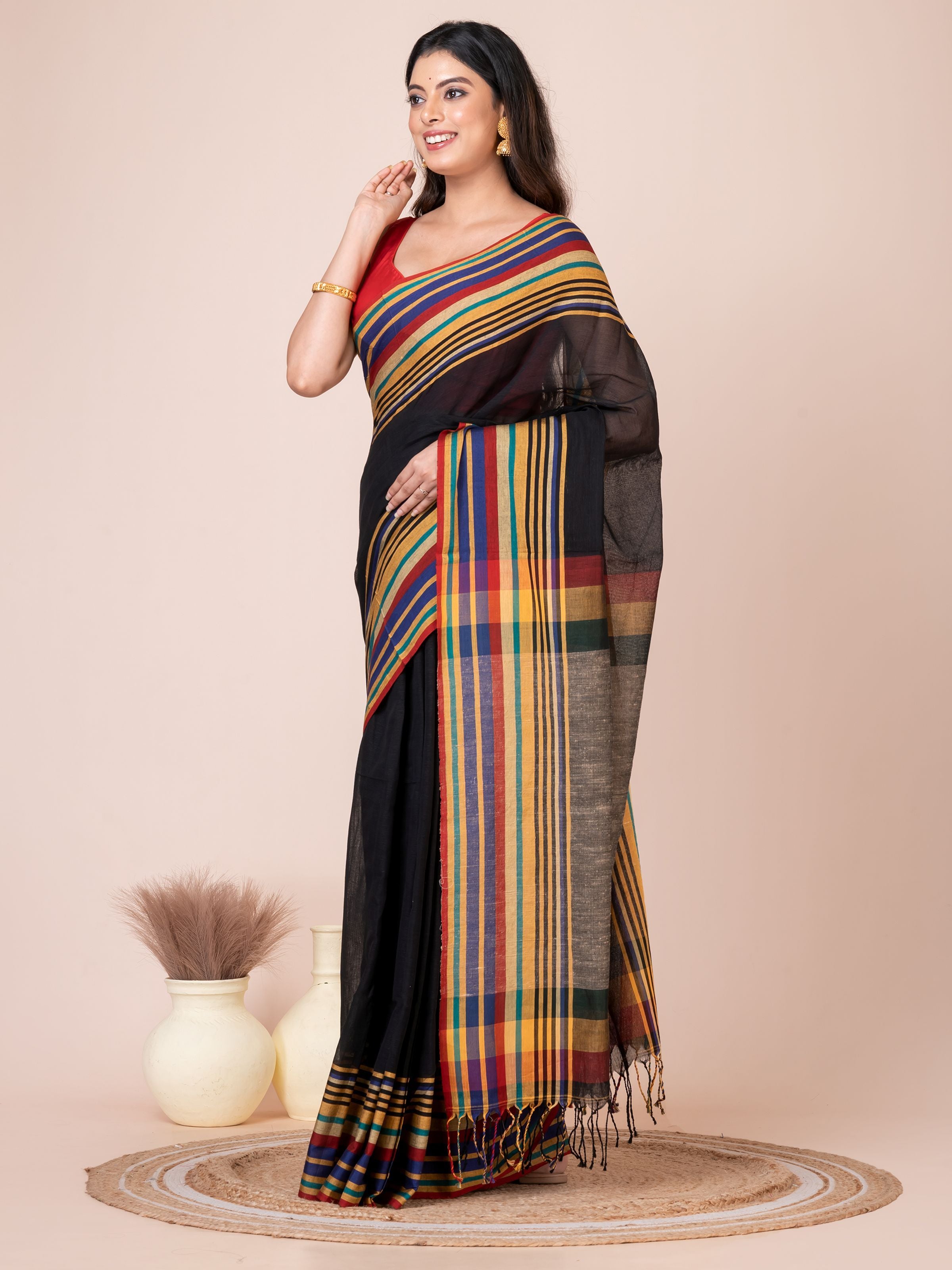 Black Handloom Cellular Cotton Saree