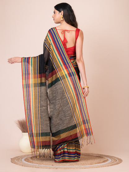 Black Handloom Cellular Cotton Saree