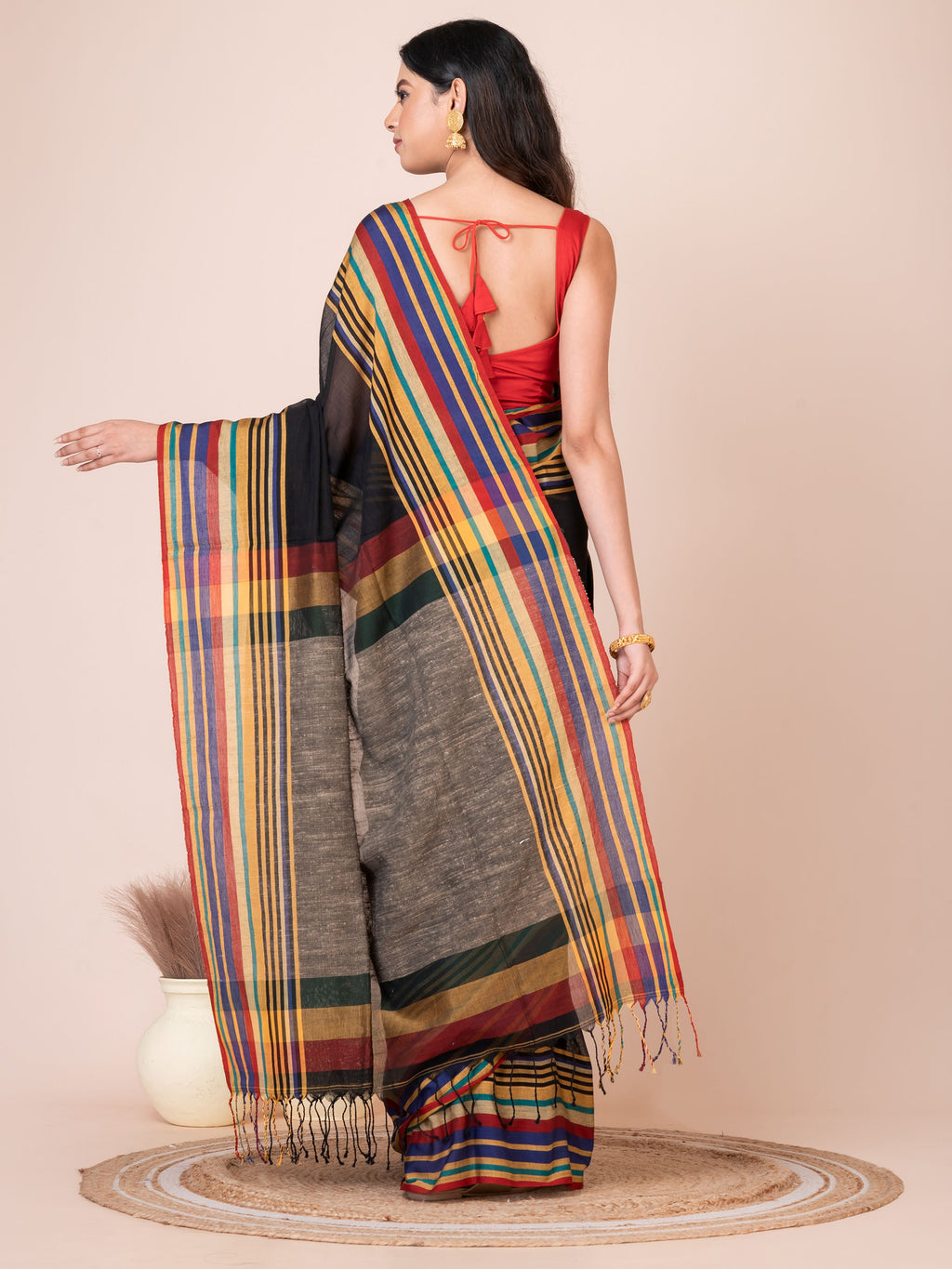 Black Handloom Cellular Cotton Saree