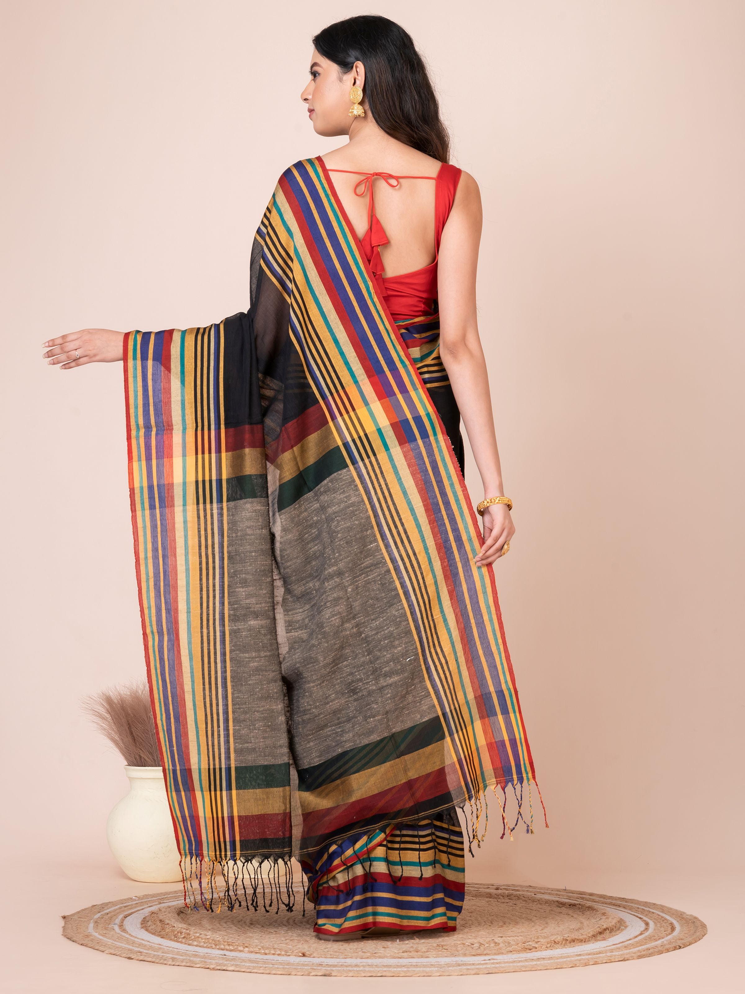 Black Handloom Cellular Cotton Saree