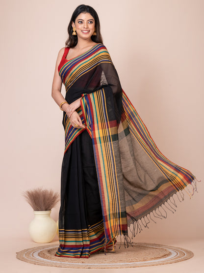 Black Handloom Cellular Cotton Saree
