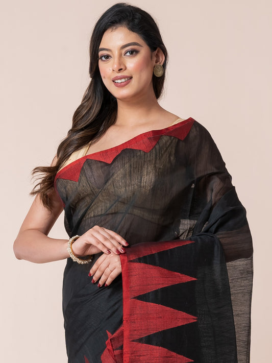 Black Body and Red Temple Border Cotton Saree