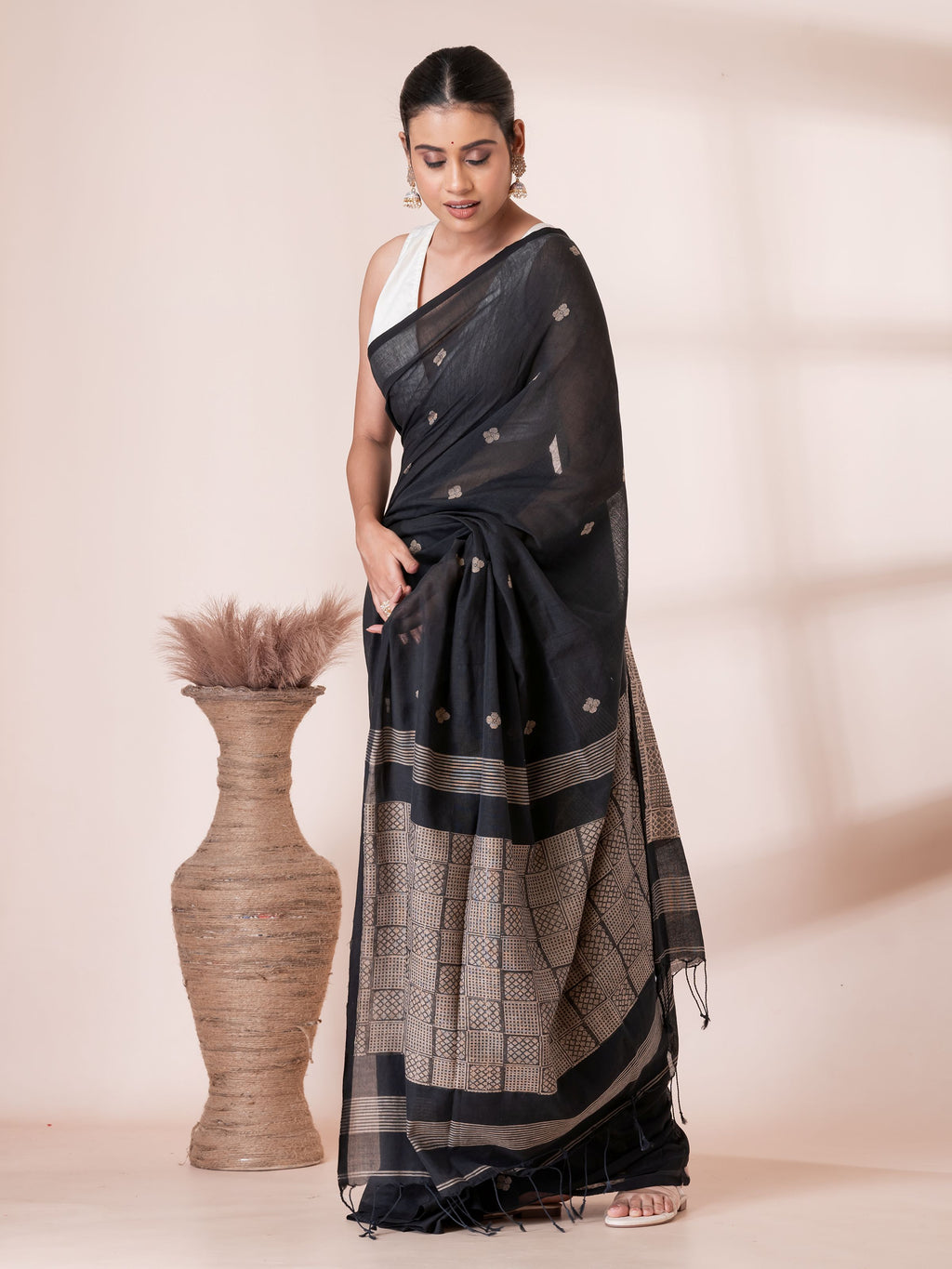 Black with Cream Handloom Premium Cotton Saree