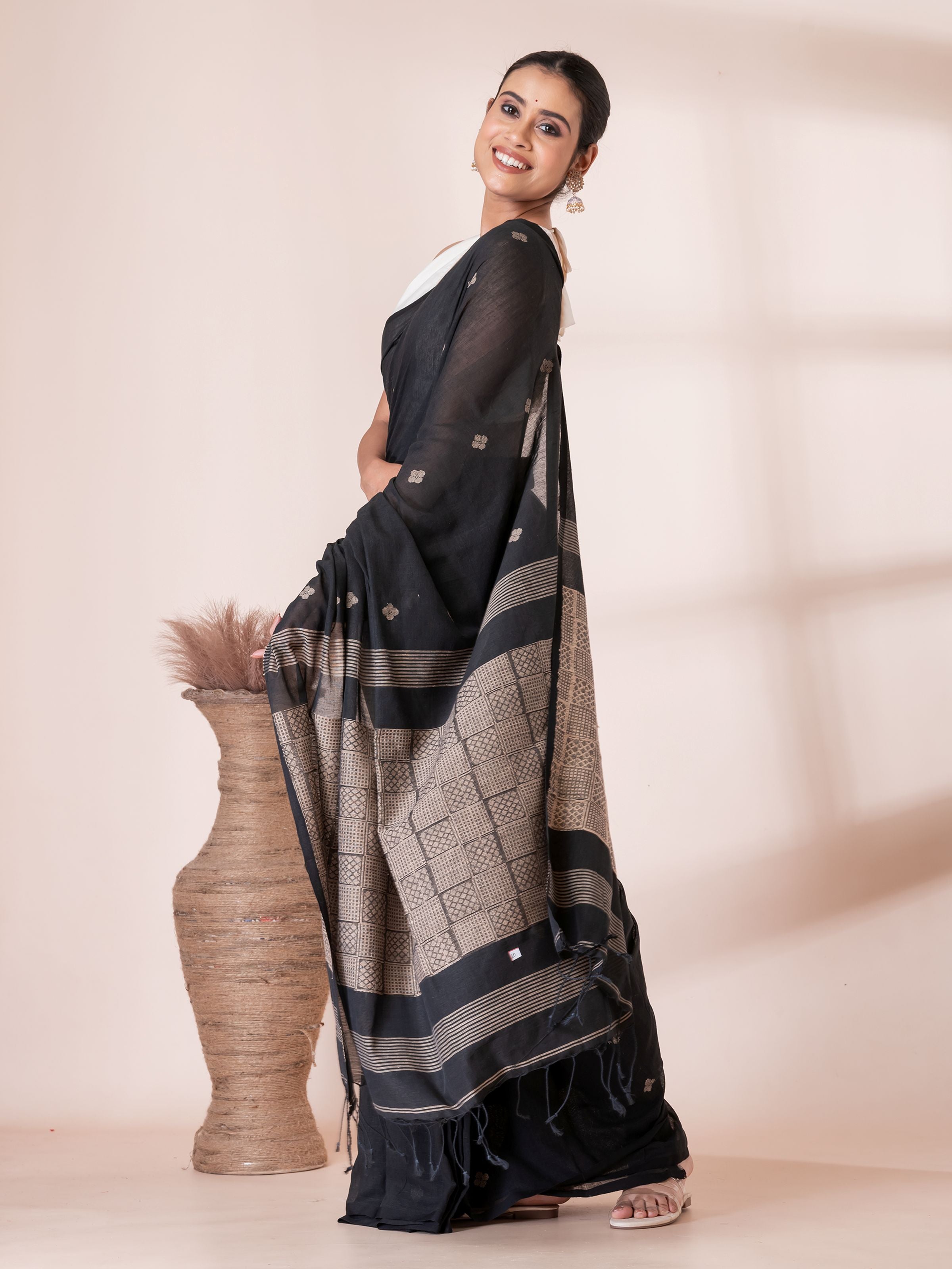 Black with Cream Handloom Premium Cotton Saree