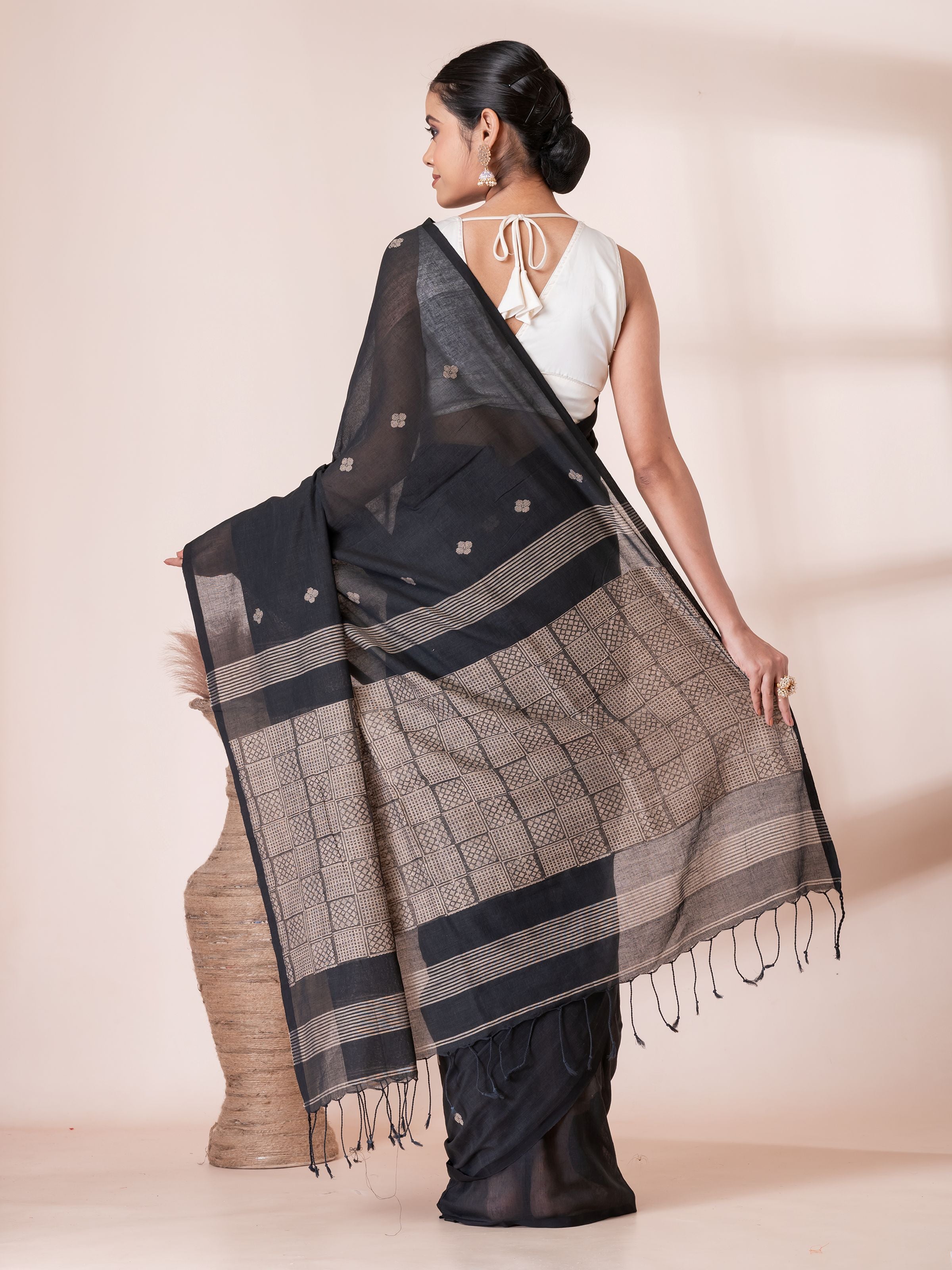 Black with Cream Handloom Premium Cotton Saree