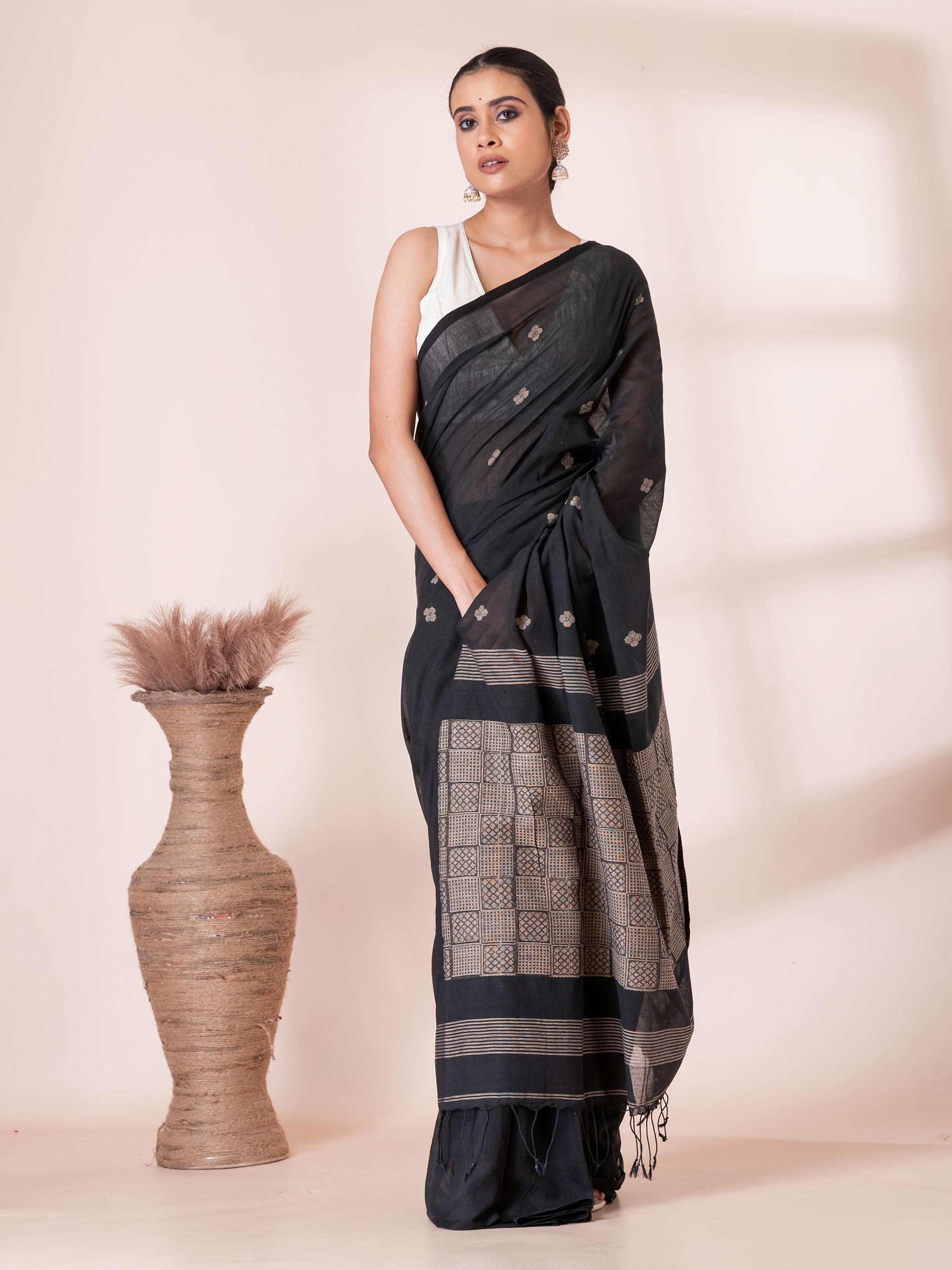 Black with Cream Handloom Premium Cotton Saree