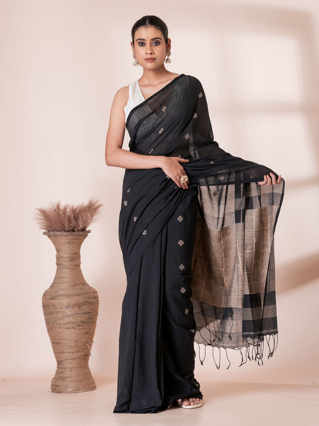 Black with Cream Handloom Premium Cotton Saree