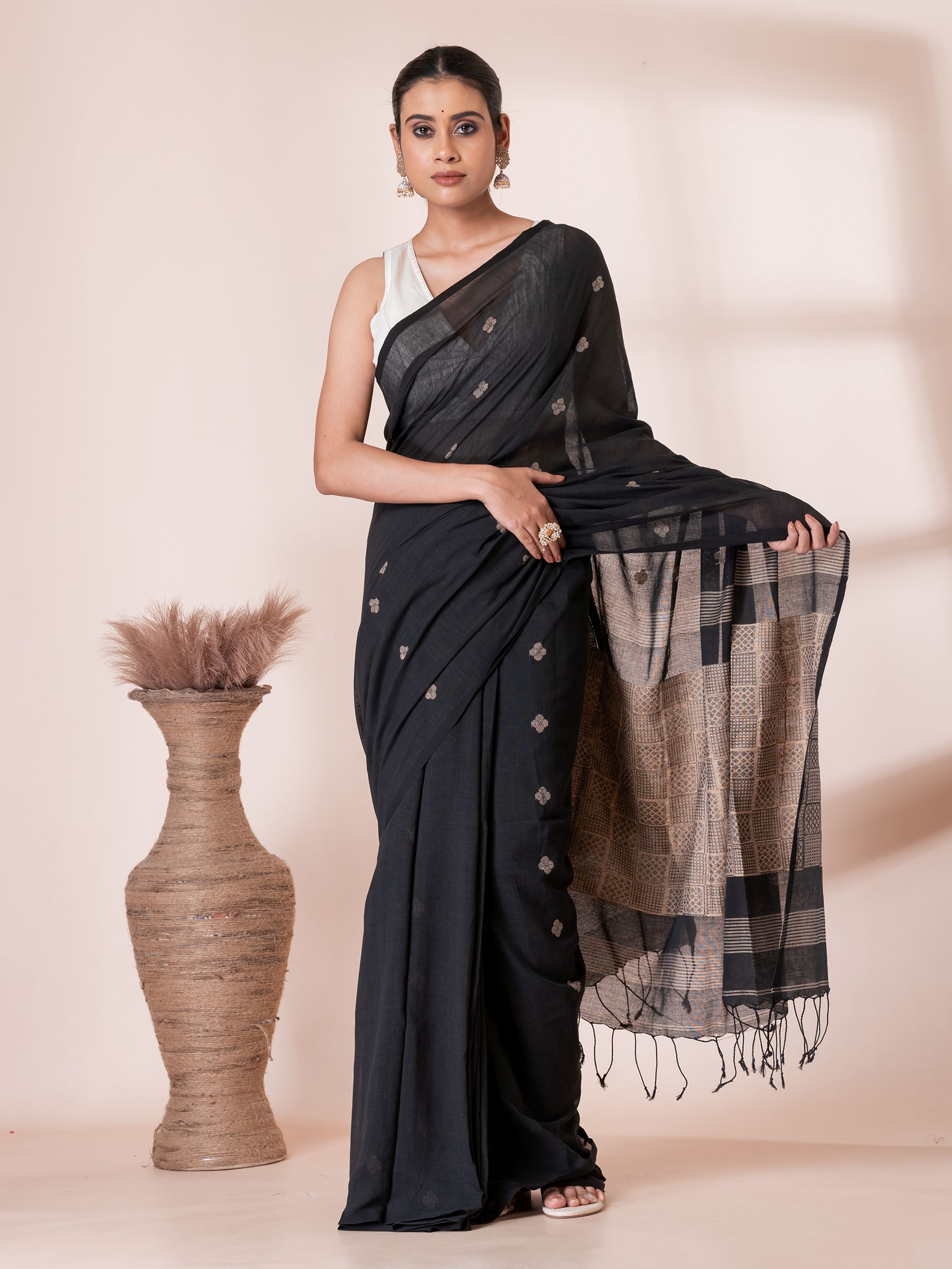 Black with Cream Handloom Premium Cotton Saree