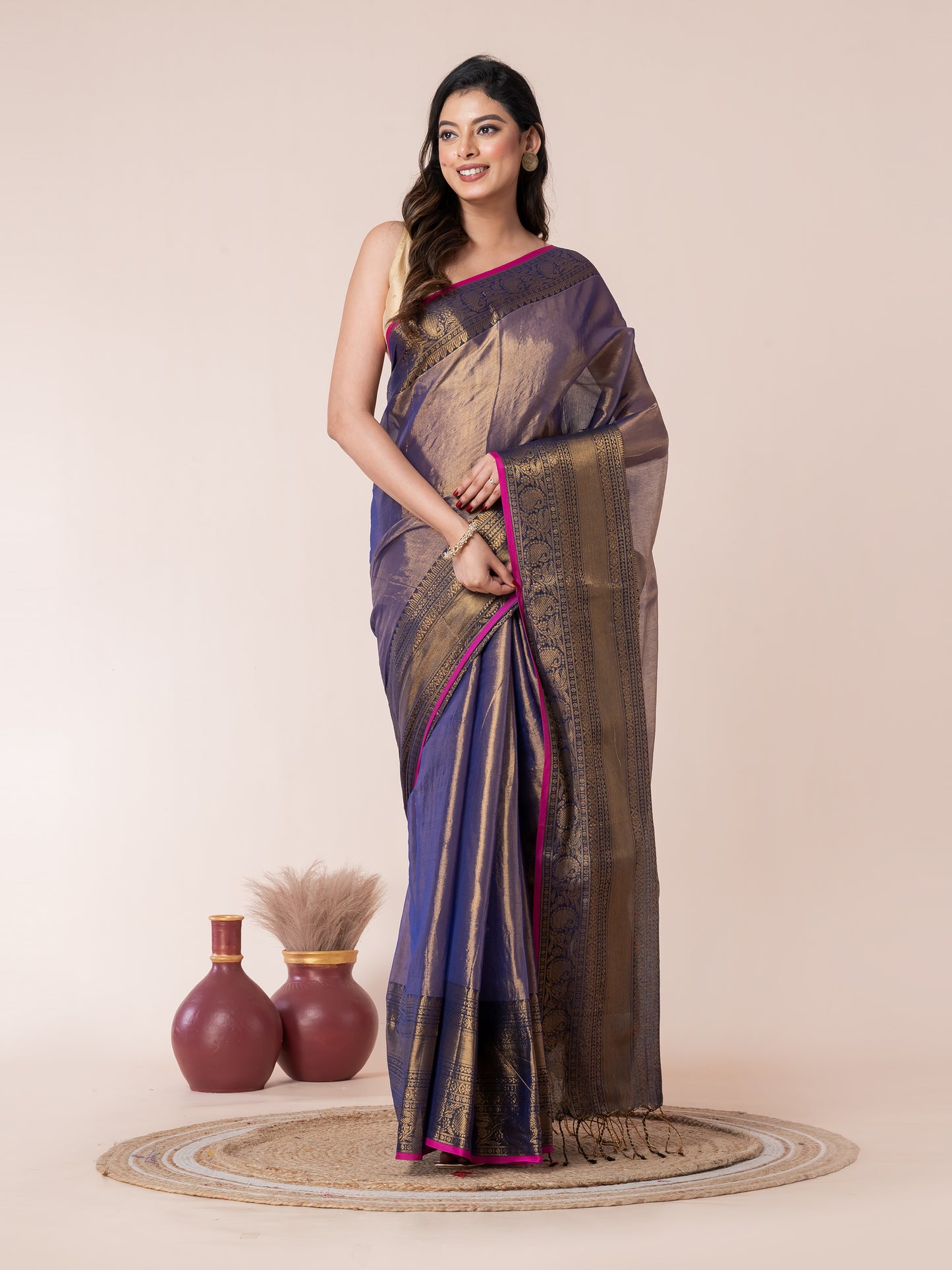 Blue Silver Tissue Zari Border Saree