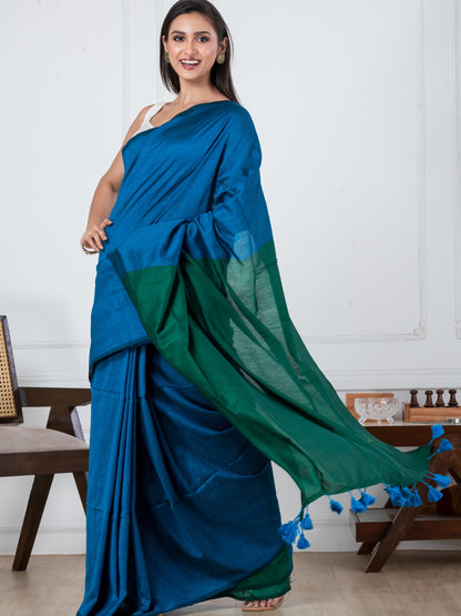 Blue & Green Mulmul Saree