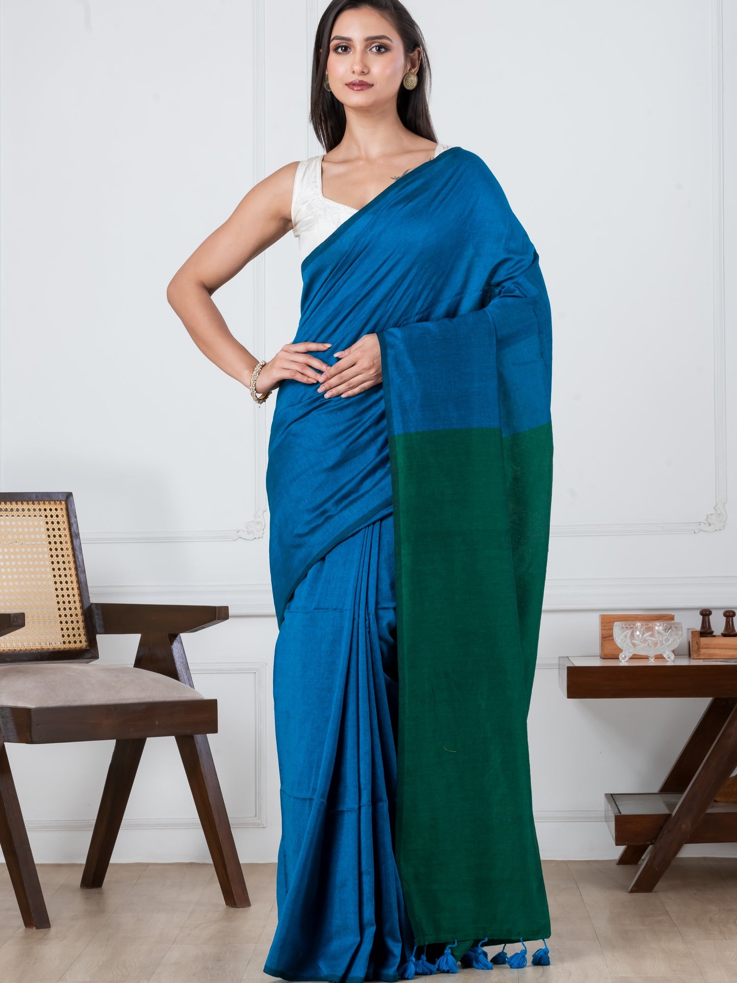Blue & Green Mulmul Saree