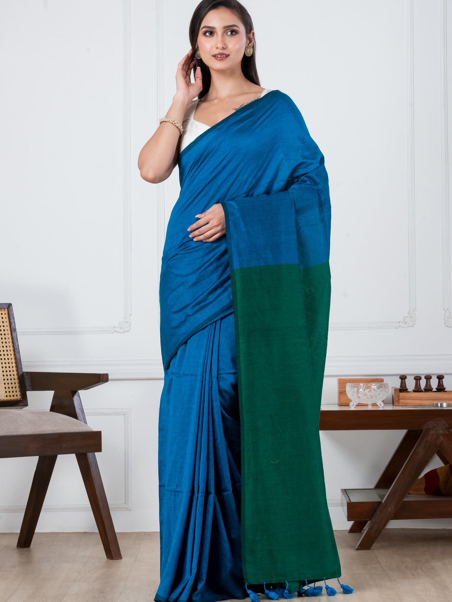 Blue & Green Mulmul Saree