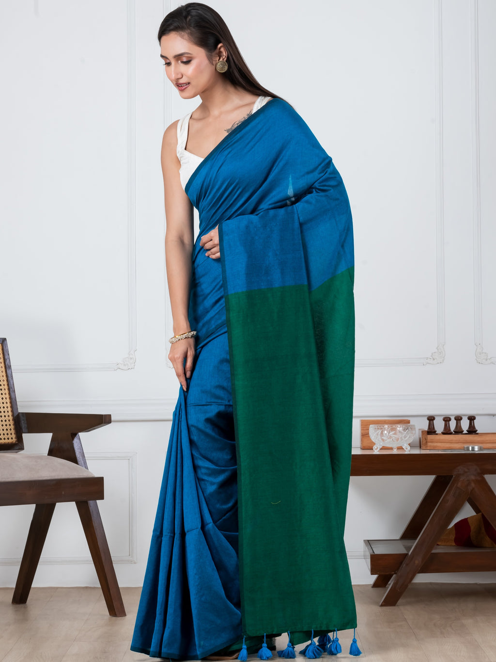 Blue & Green Mulmul Saree