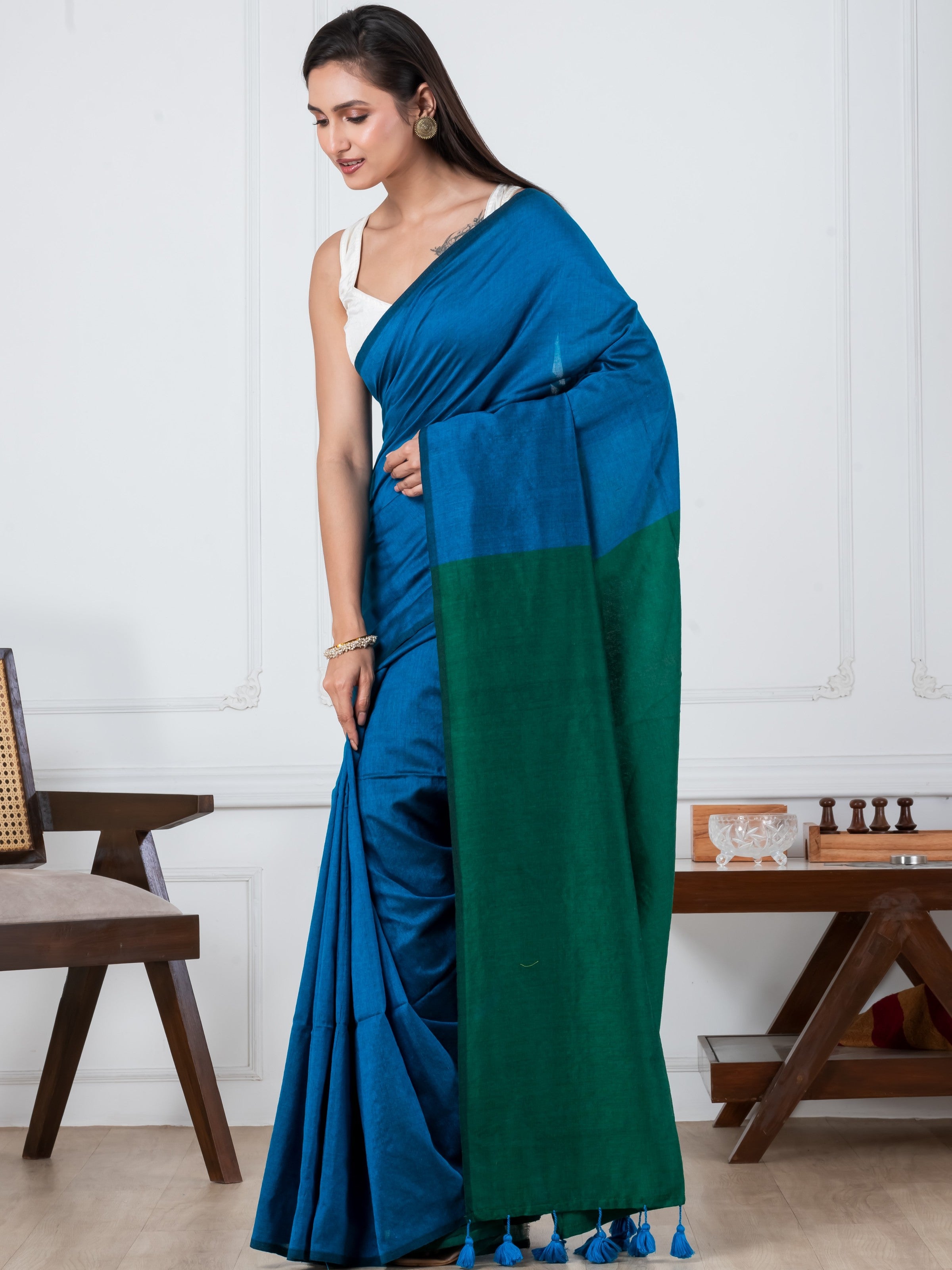 Blue & Green Mulmul Saree
