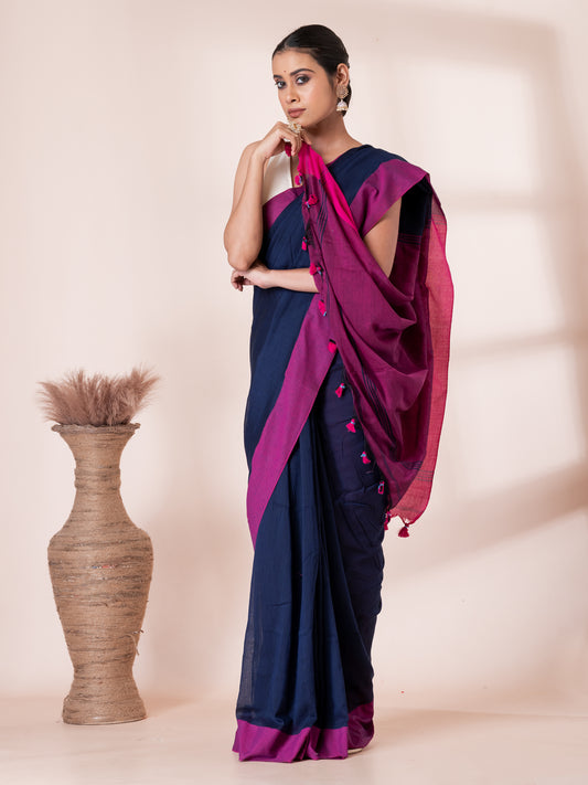 Blue and Maroon Mul Mul Saree