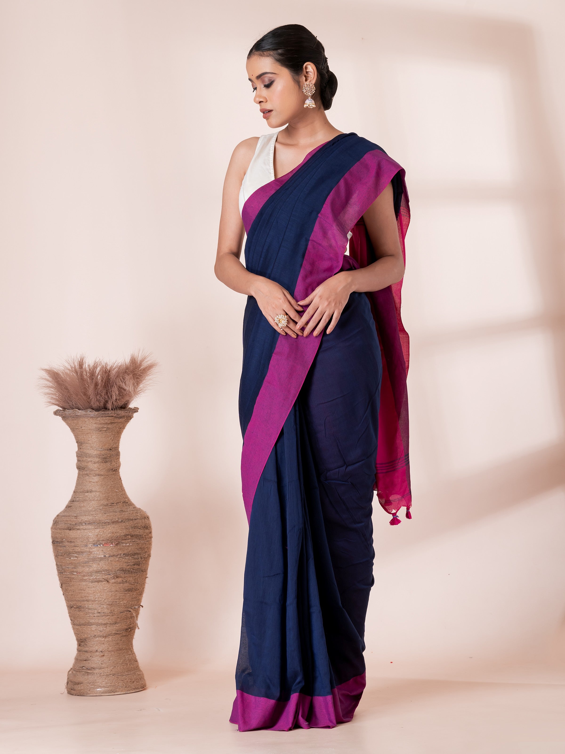 Blue and Maroon Mul Mul Saree