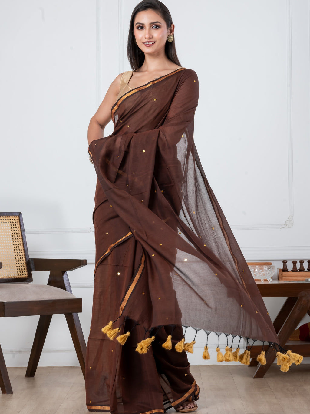 Brown Sequence Mulmul Cotton Saree