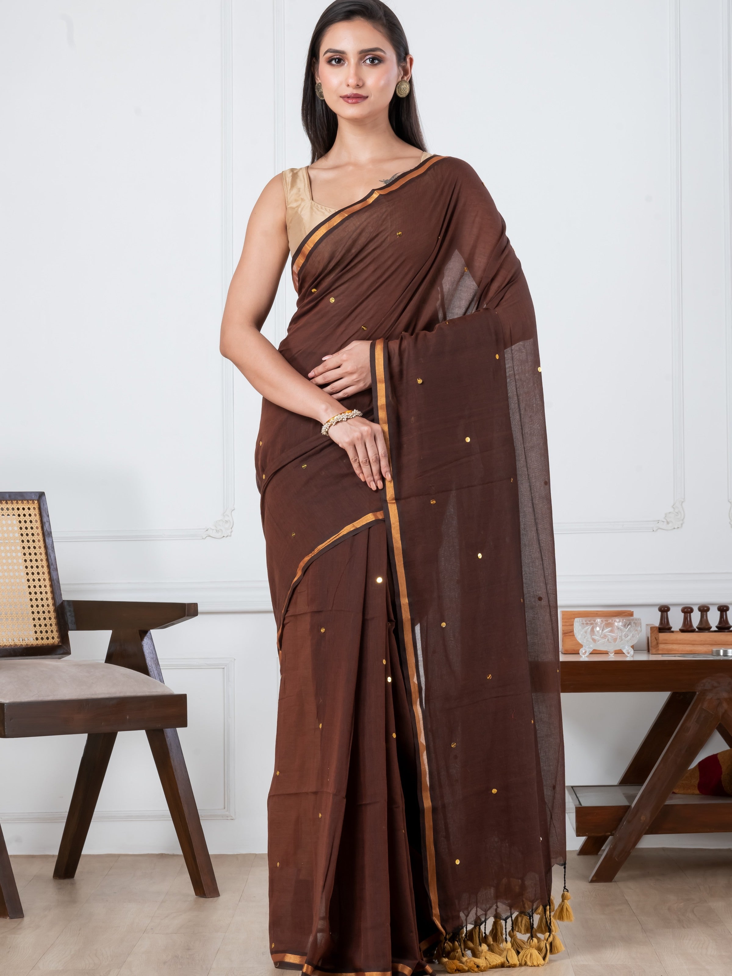 Brown Sequence Mulmul Cotton Saree