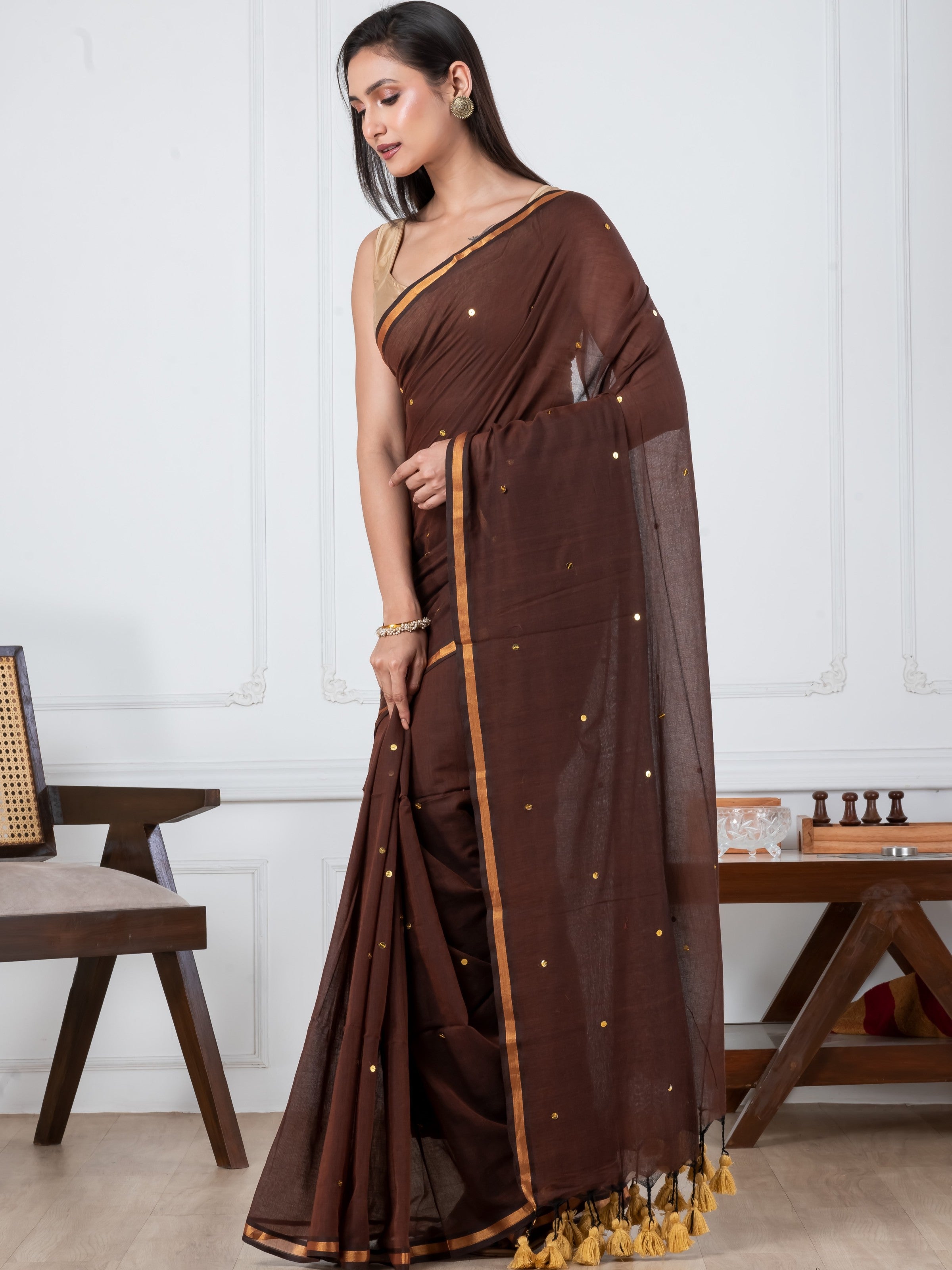 Brown Sequence Mulmul Cotton Saree