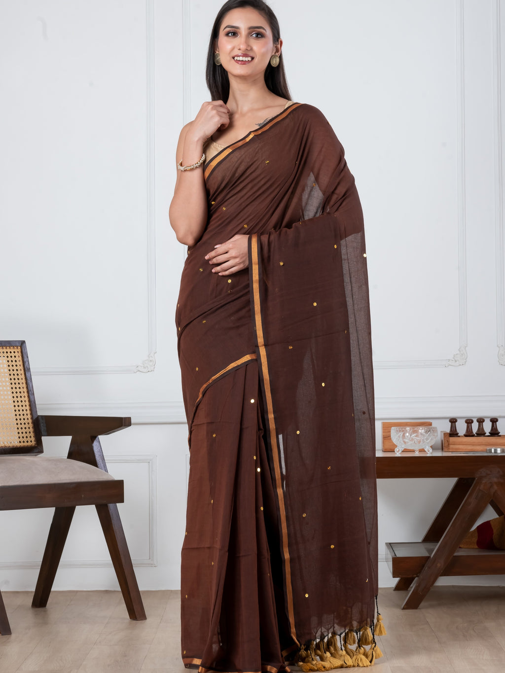 Brown Sequence Mulmul Cotton Saree