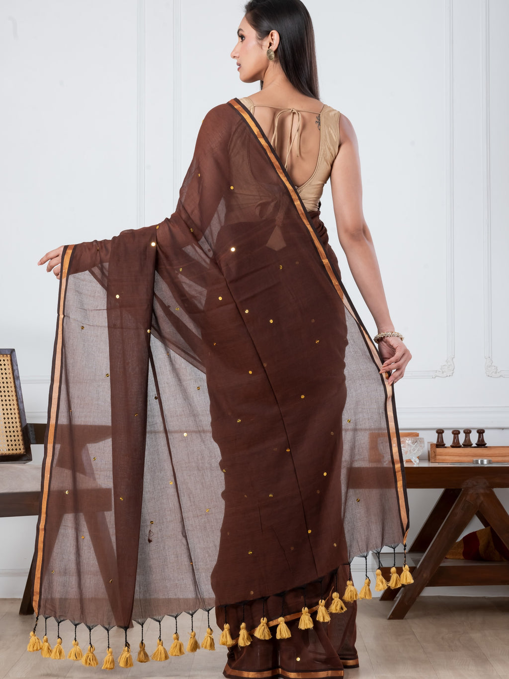 Brown Sequence Mulmul Cotton Saree