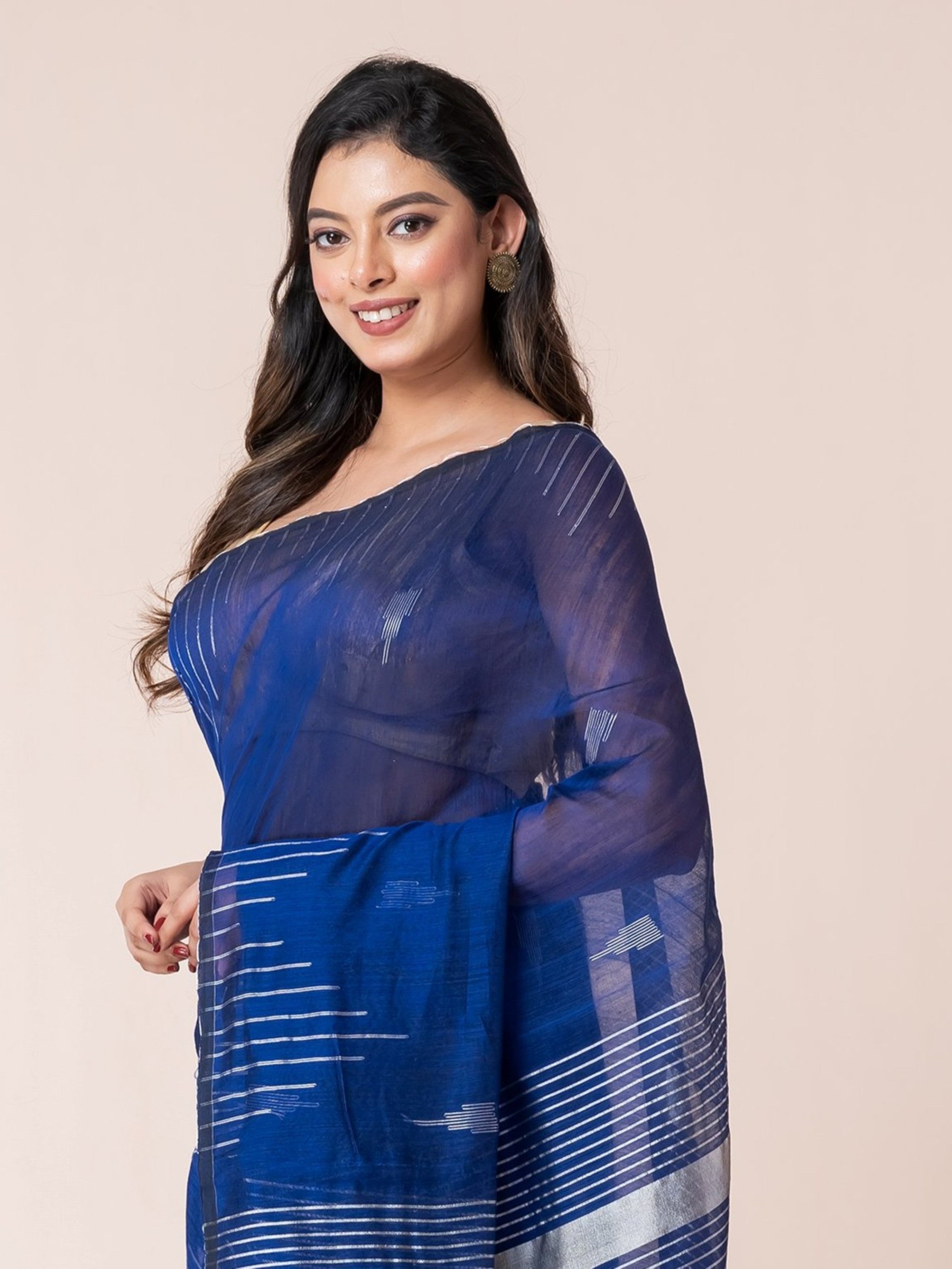Bule Body and Silver Temple Cotton Saree