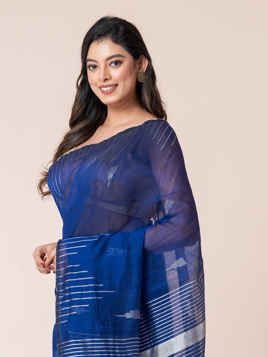 Bule Body and Silver Temple Cotton Saree