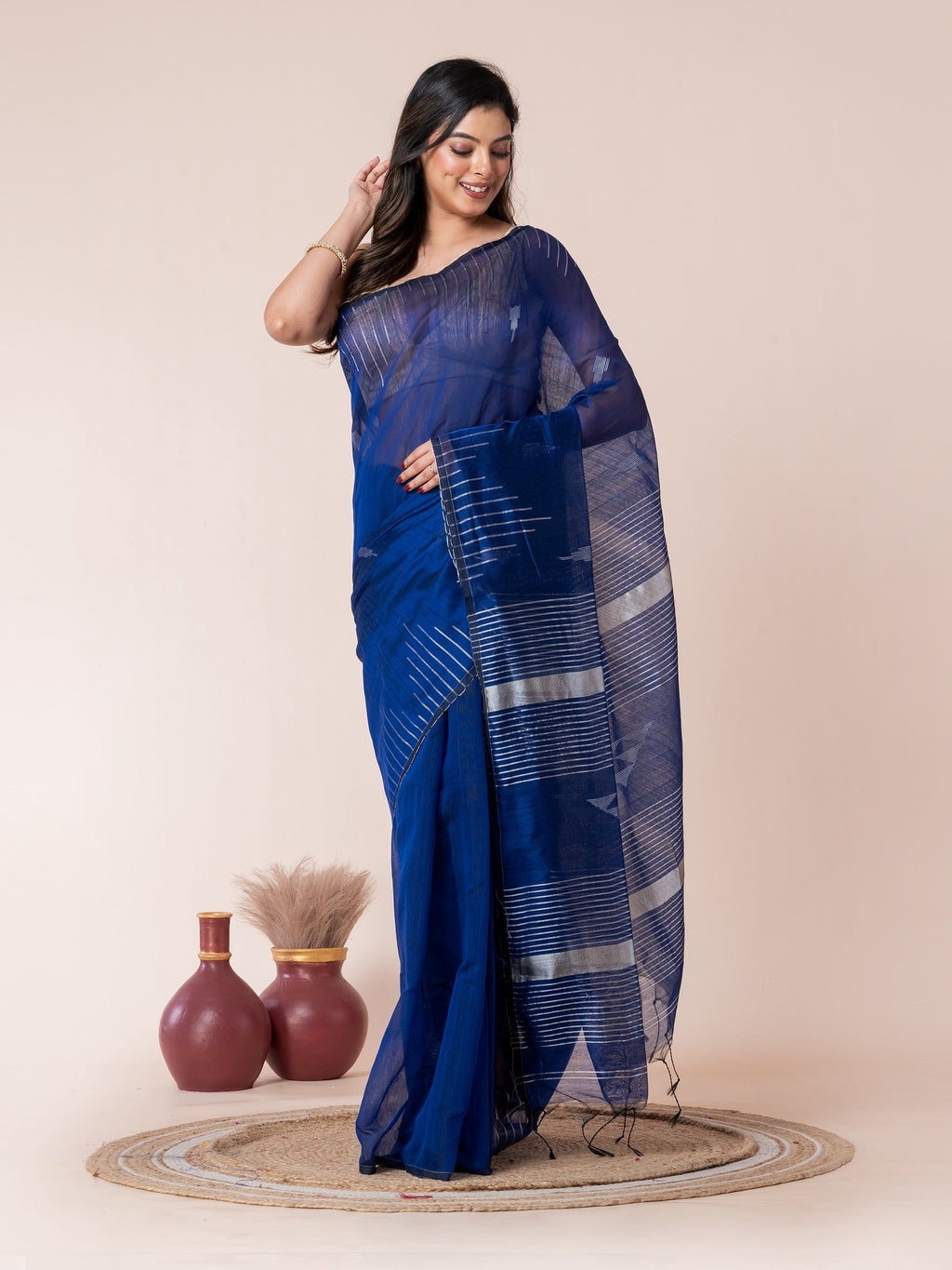 Bule Body and Silver Temple Cotton Saree