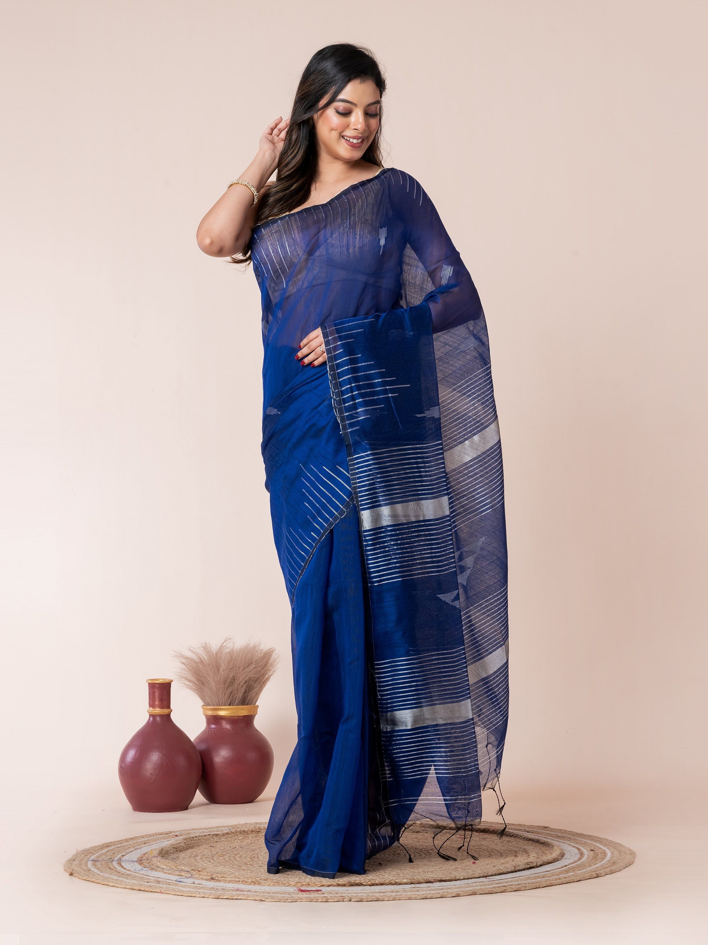 Bule Body and Silver Temple Cotton Saree