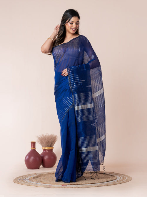 Bule Body and Silver Temple Cotton Saree