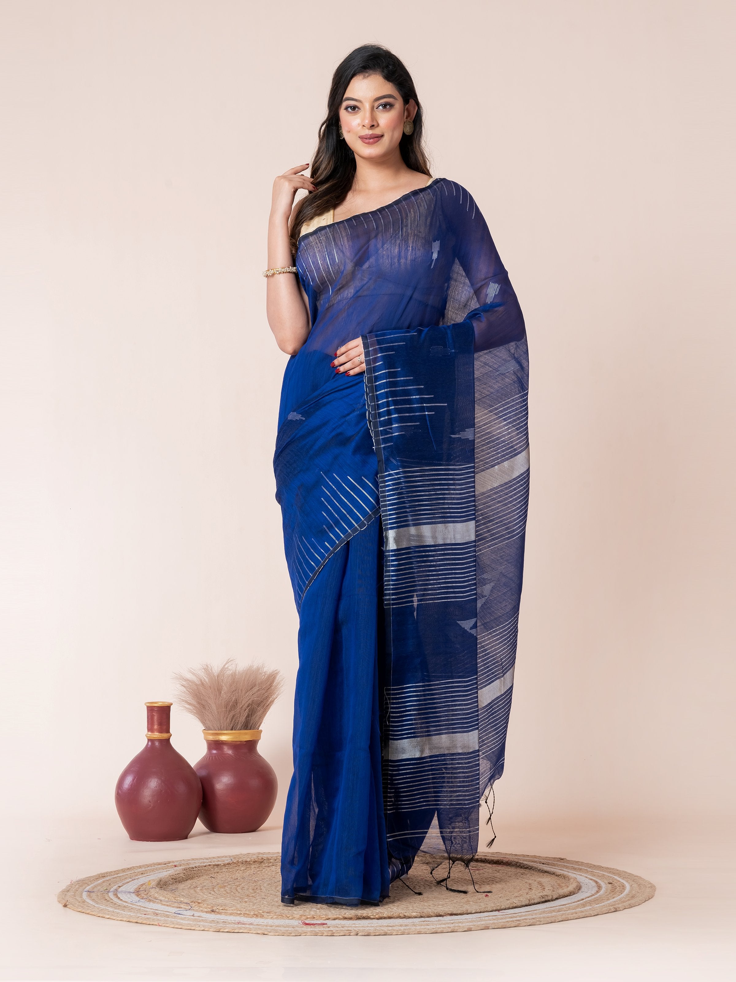 Bule Body and Silver Temple Cotton Saree
